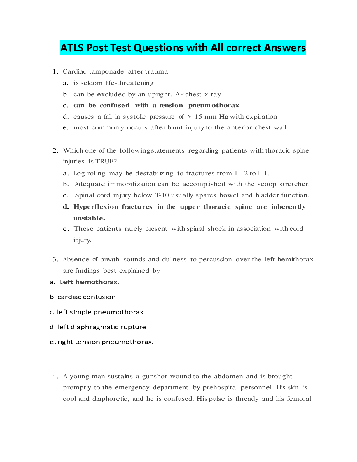 Preview image of ATLS Post Test Questions with All correct Answers document